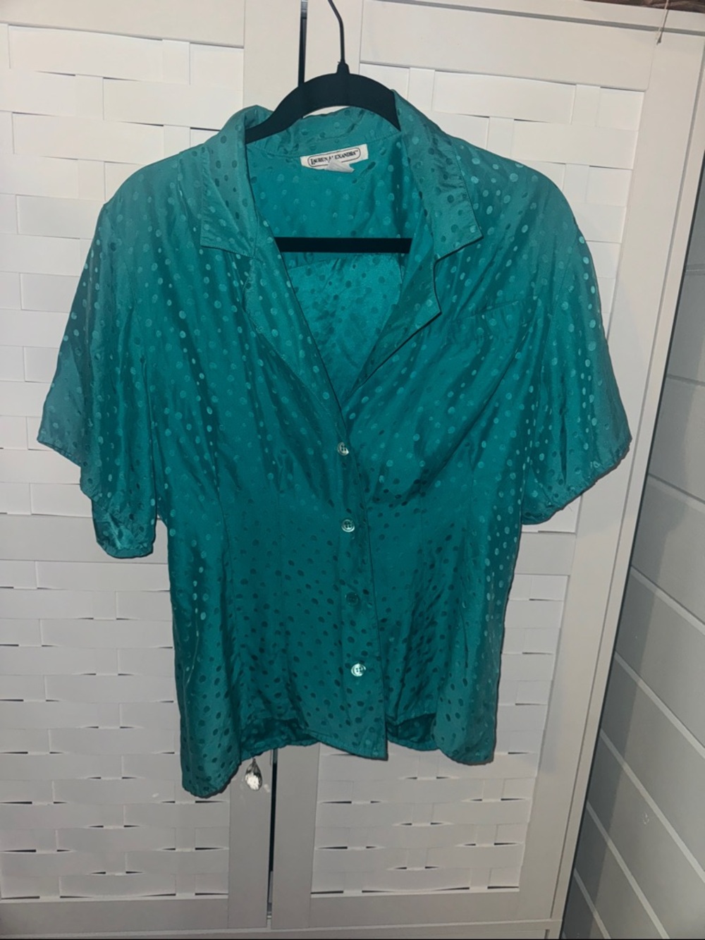 Short Sleeve Teal Satin Dot Button-Down Shirt